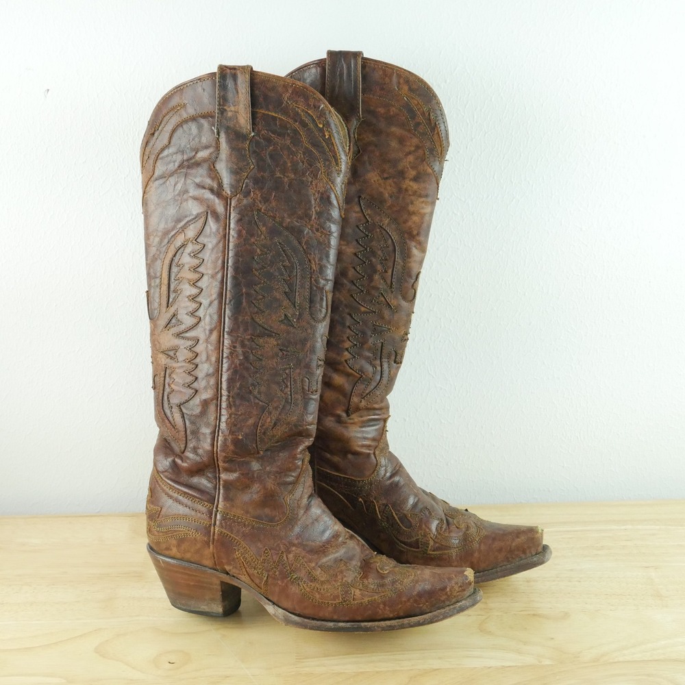 Corral Eagle Overlay Brown Distressed Leather Tall Western Boots 7.5M Cowboy